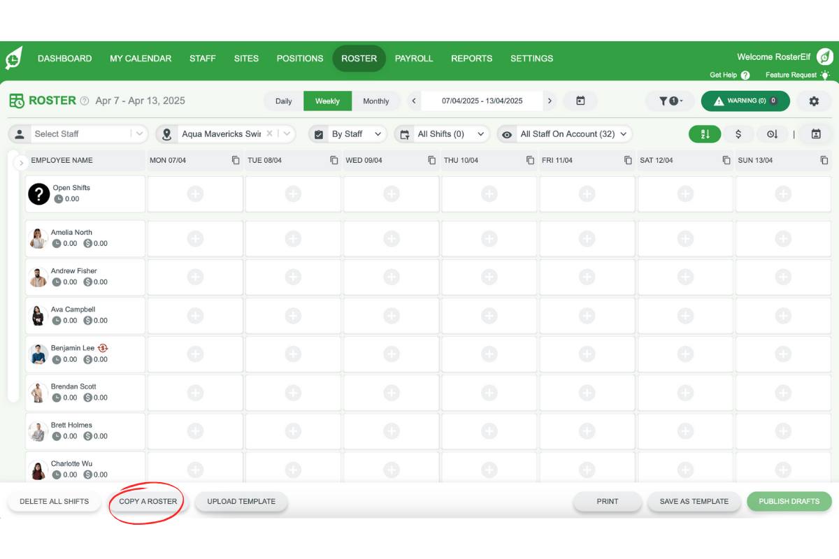 Screenshot displaying the Copy a Roster button in RosterElf