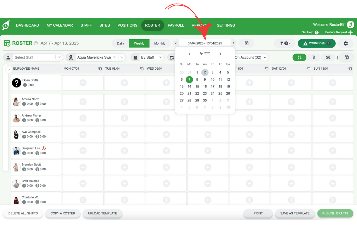 Screenshot illustrating the date picker tool in RosterElf