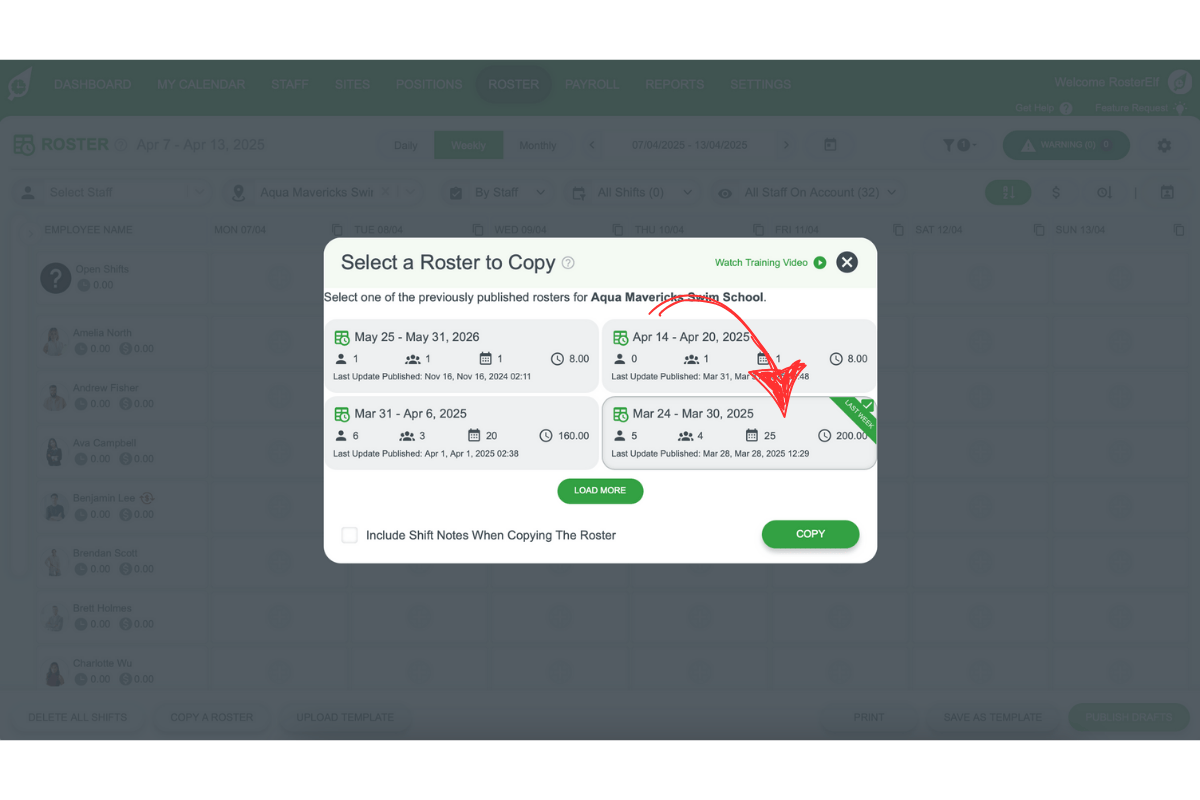 Screenshot of the Copy a Roster modal in RosterElf