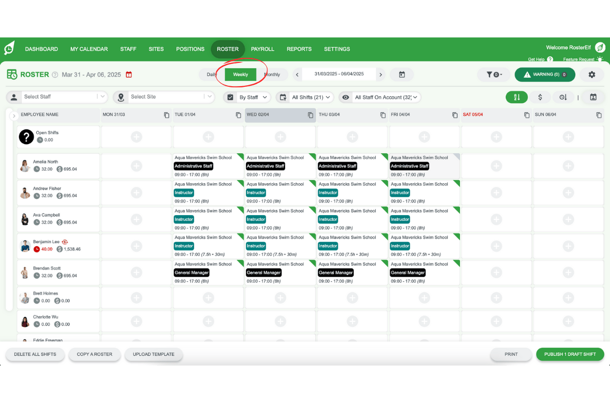 Screenshot showing the weekly or monthly view toggle in RosterElf