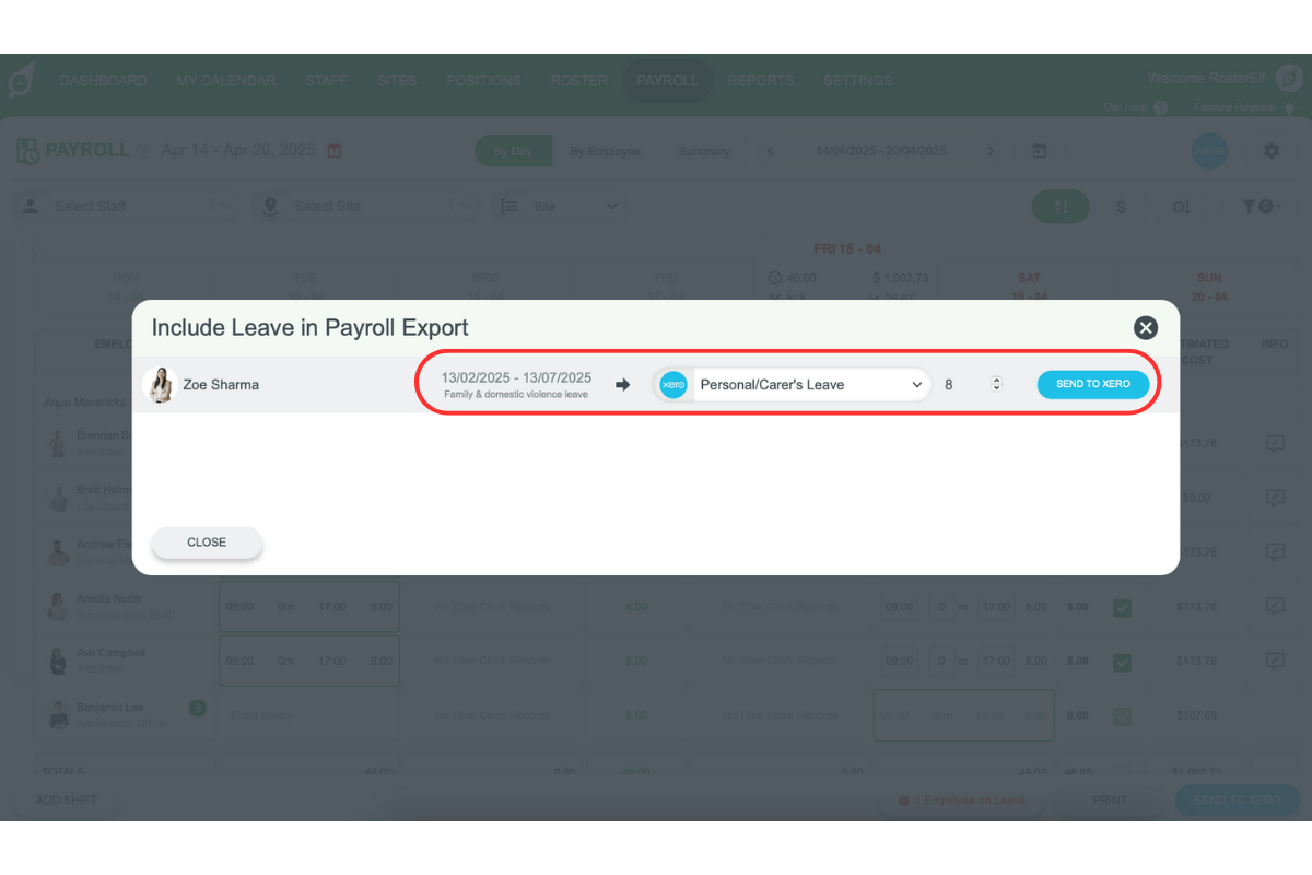 Screenshot illustrating how to finalize leave request adjustments for public holidays