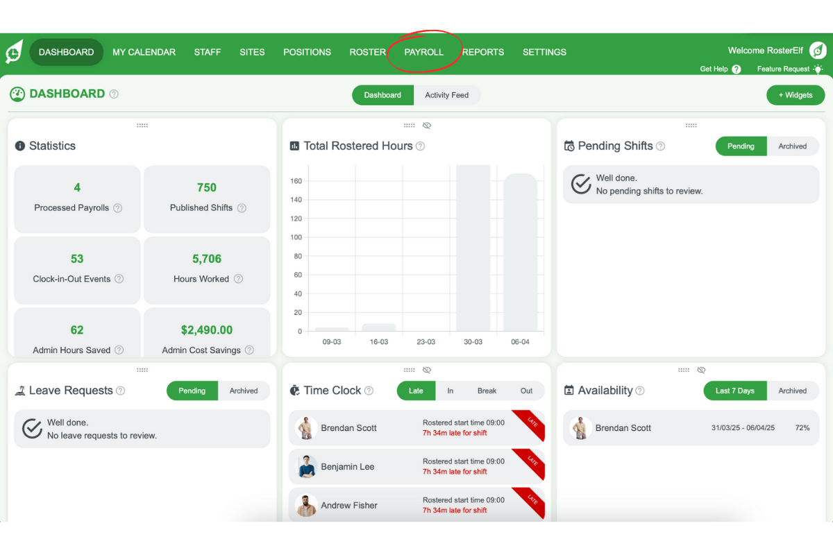 Screenshot of RosterElf menu with Payroll option