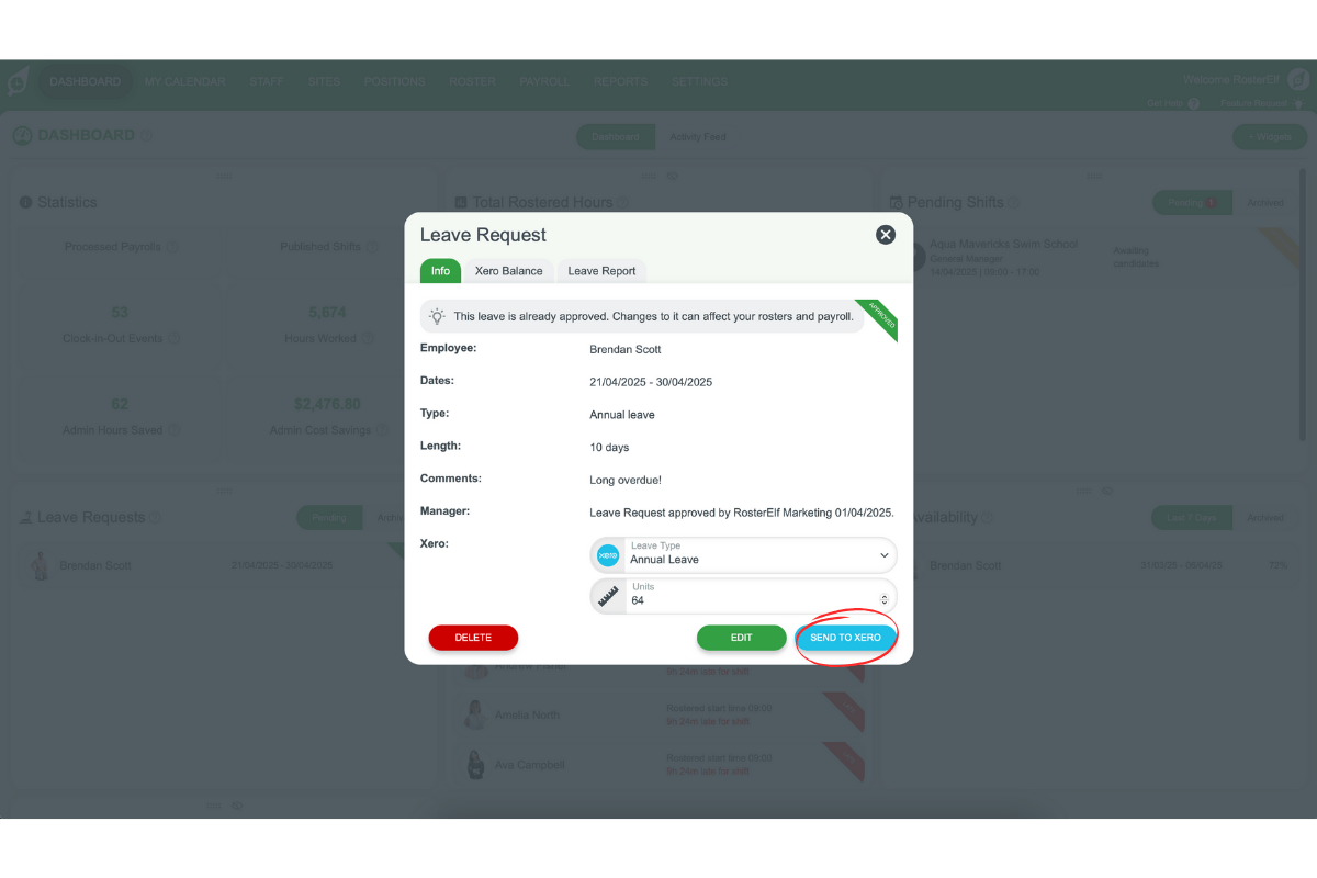 Screenshot of the final step to send approved leave to Xero