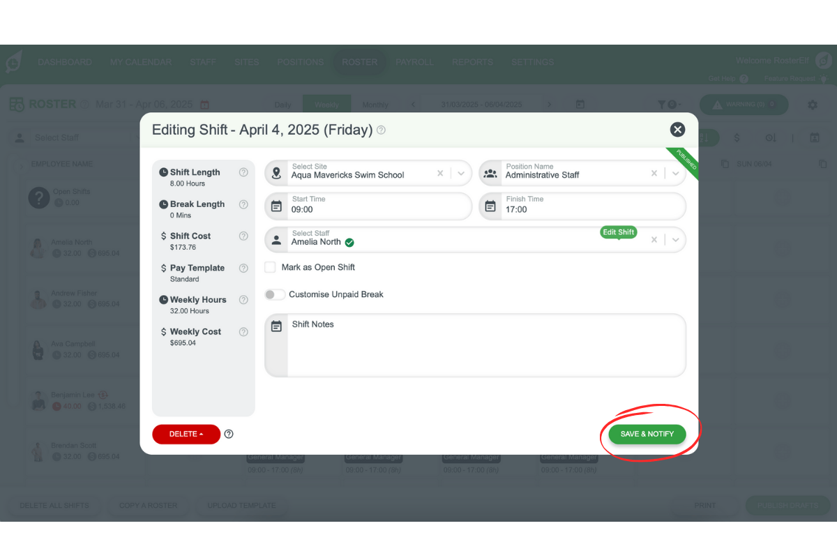 Screenshot of Publish Now button in RosterElf