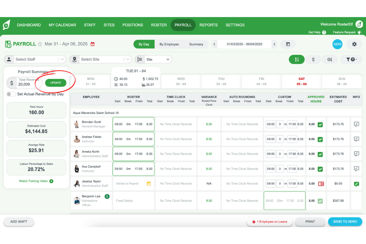 Screenshot depicting the update button for weekly revenue