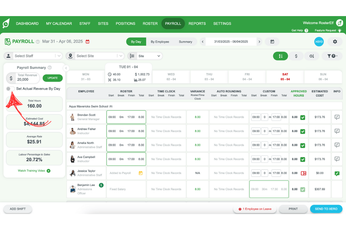 Screenshot showing the 'Set Actual Revenue By Day' option in RosterElf