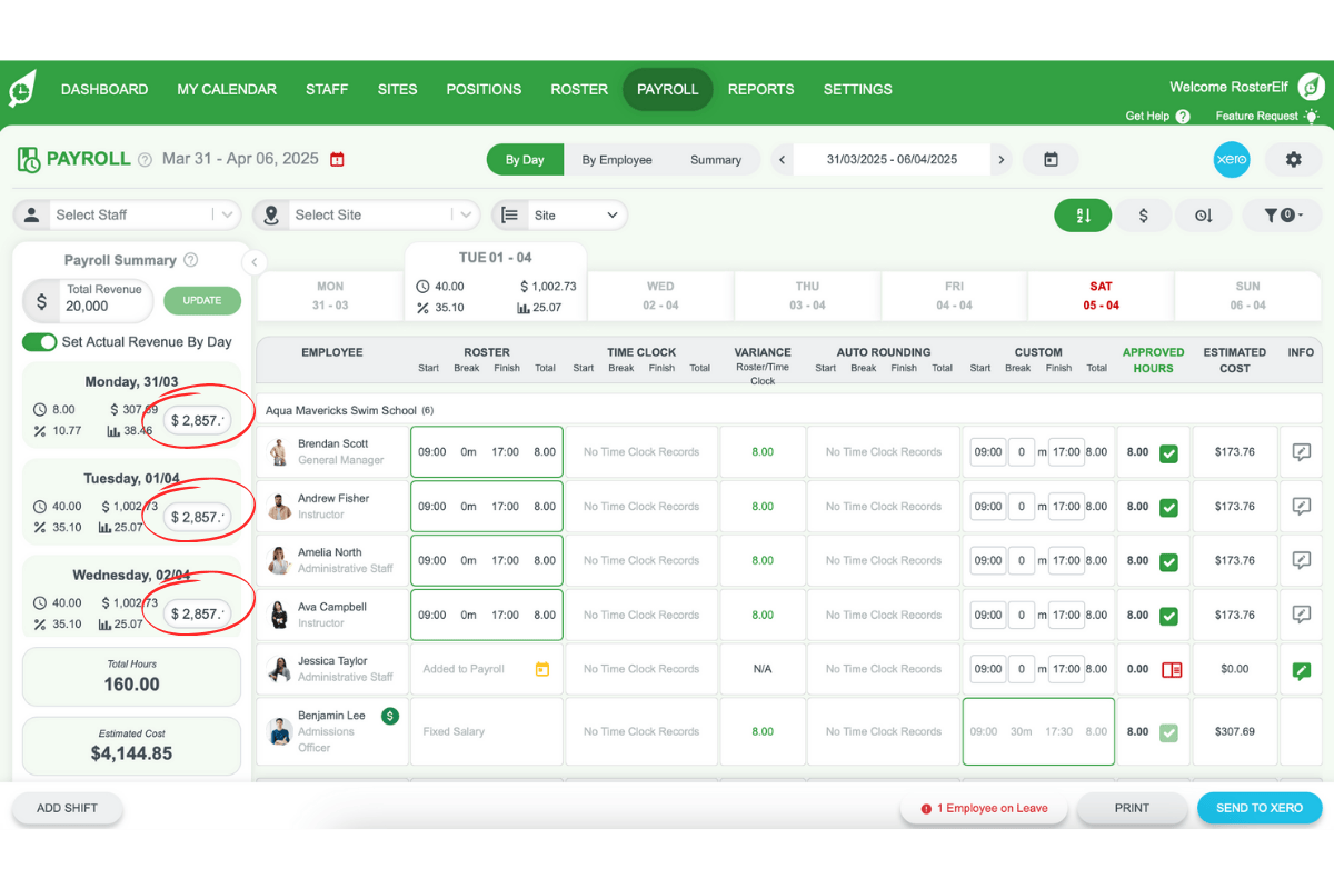 Screenshot illustrating daily revenue input fields in RosterElf