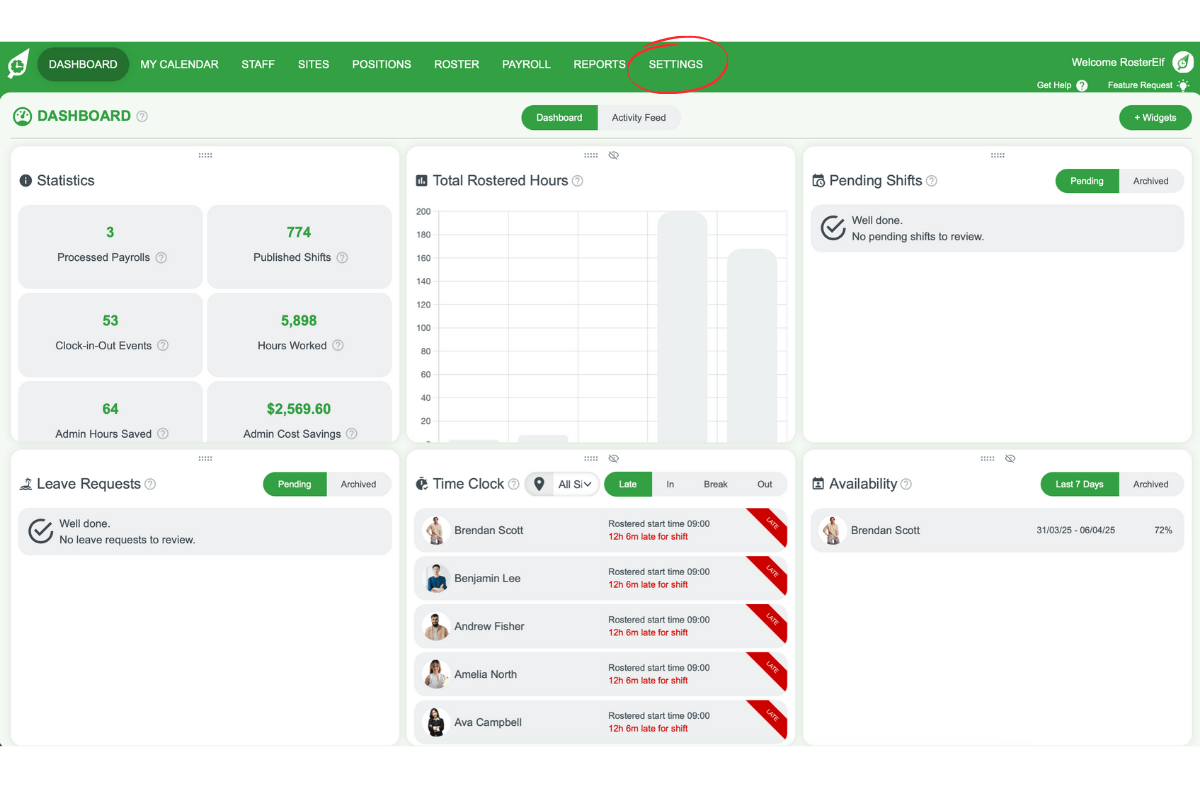 Screenshot of the RosterElf settings tab.