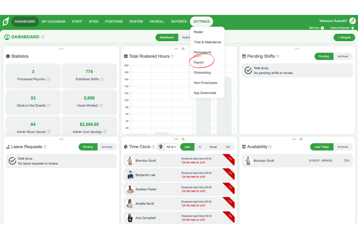 Screenshot indicating the Payroll tab in RosterElf settings.