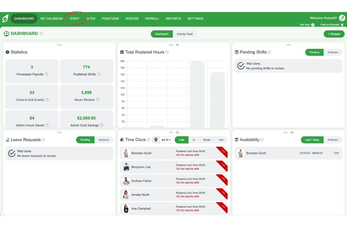 Screenshot of the RosterElf staff tab.