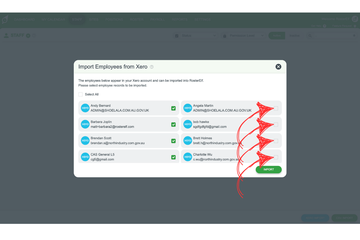 Screenshot of staff selection pop-up with checkboxes for importing.