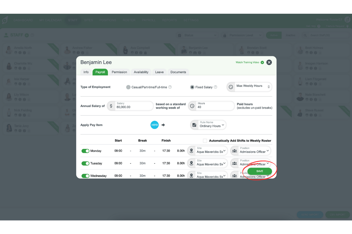 Screenshot showing the Xero Pay Item selection for salary staff.