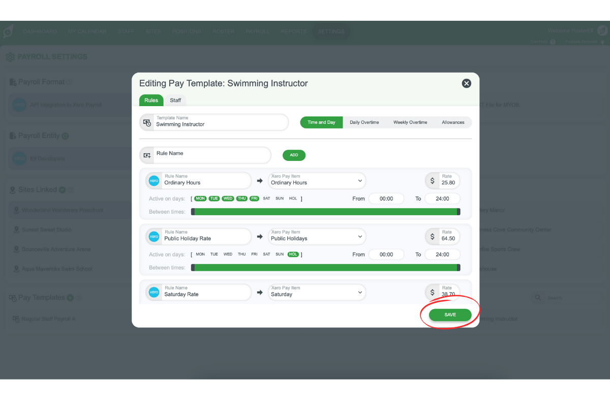 Screenshot indicating where to save Pay Template changes.