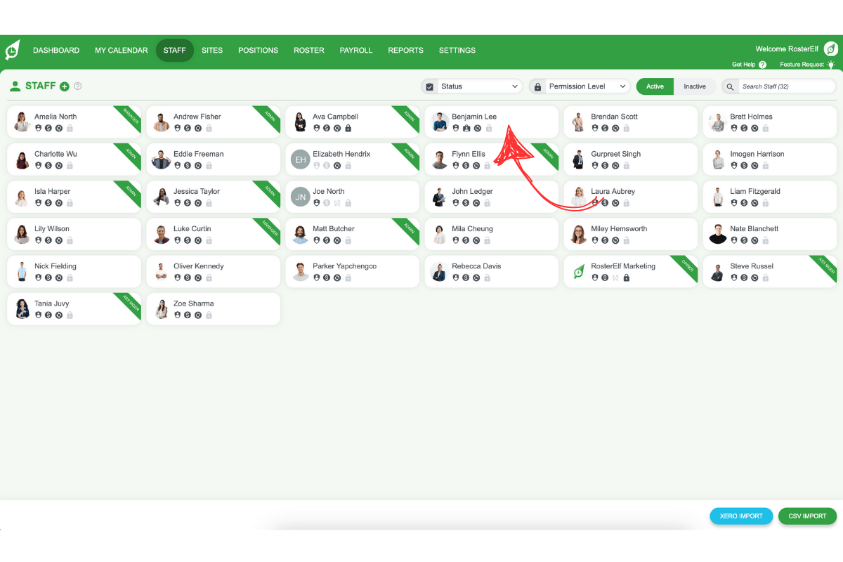 Screenshot of the RosterElf staff tab.