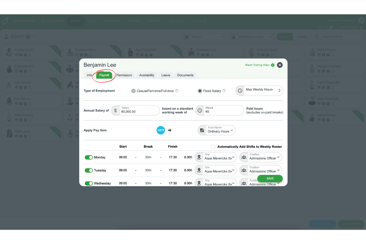 Screenshot highlighting the payroll tab for a selected staff member.