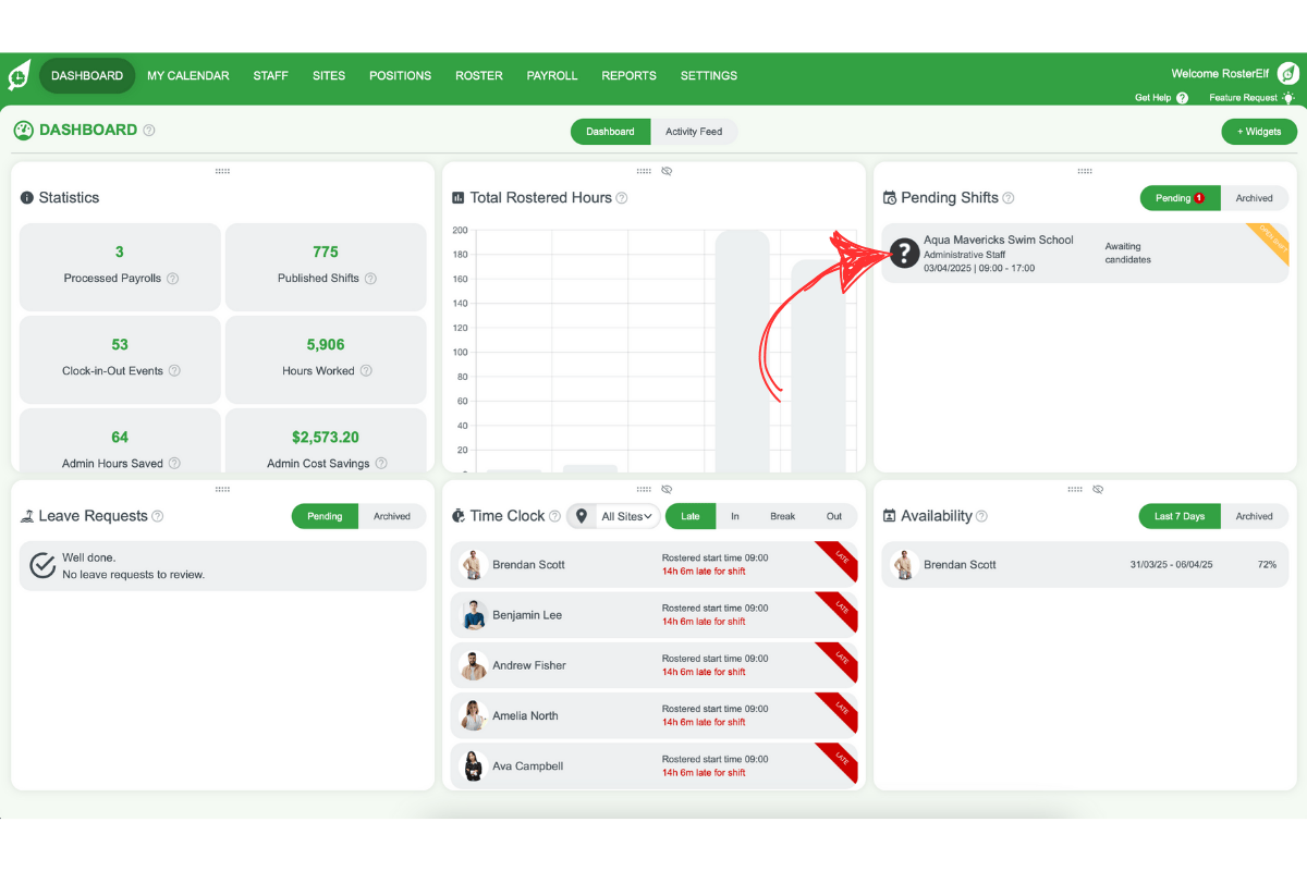 RosterElf interface displaying the Available Candidates tab