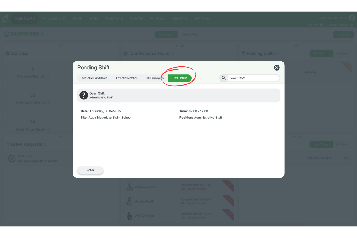 Shift Details tab in RosterElf showing shift specifics