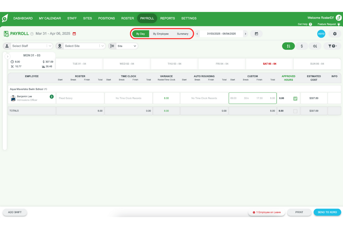 Filter options: Day, Employee, or Summary