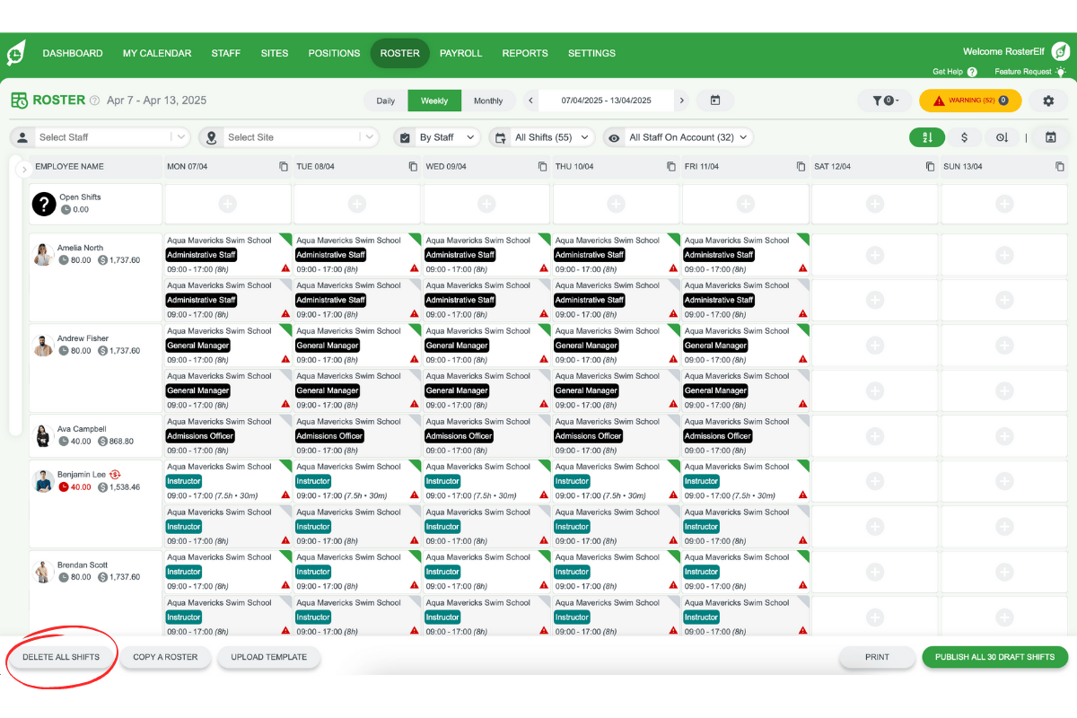 Deleting all published shifts