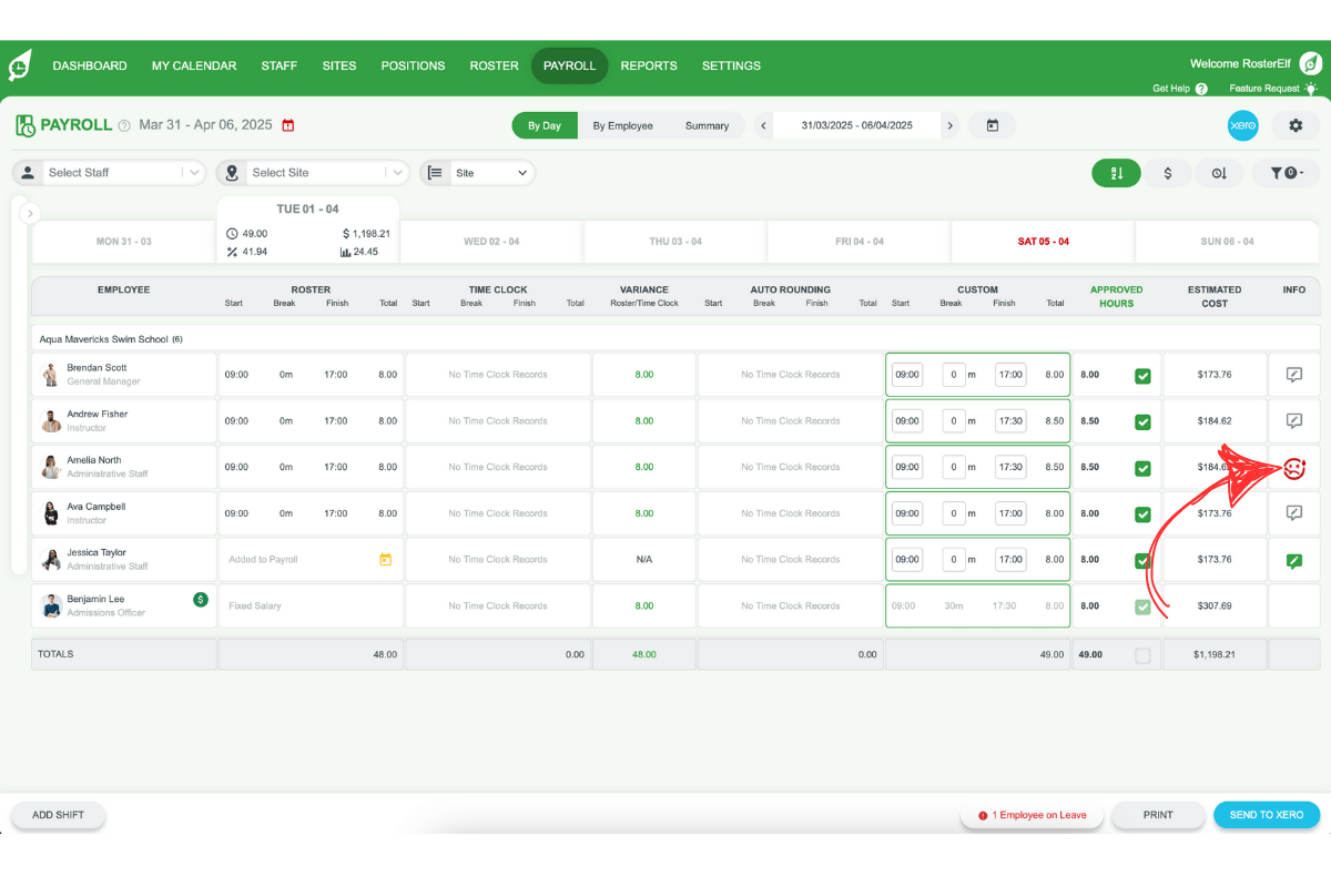 Payroll screen highlighting a shift with 'No Time Clock Records' and a sick emoticon