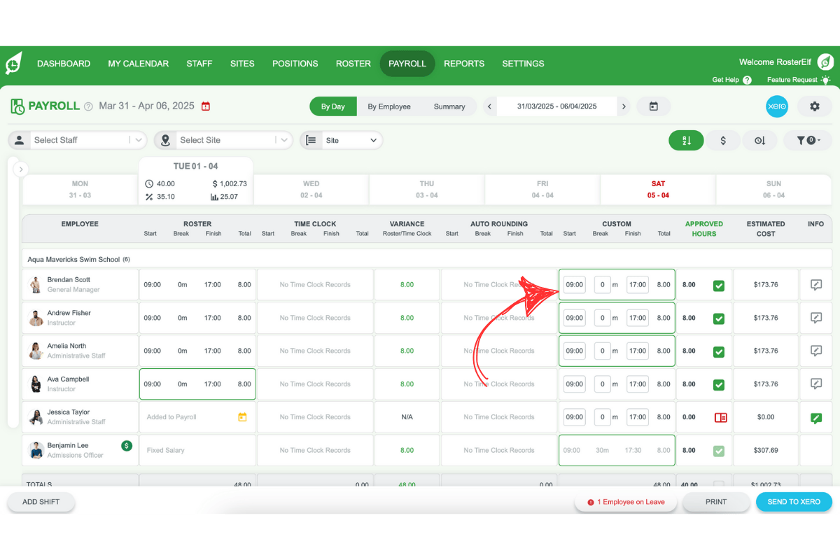 Screenshot illustrating a shift time cell with a green outline indicating approval.