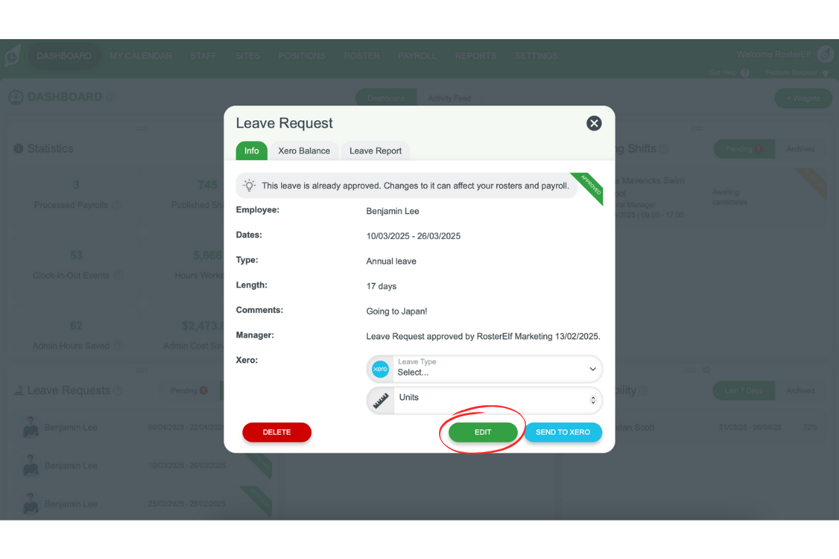 Screenshot showing the Edit button for a leave entry