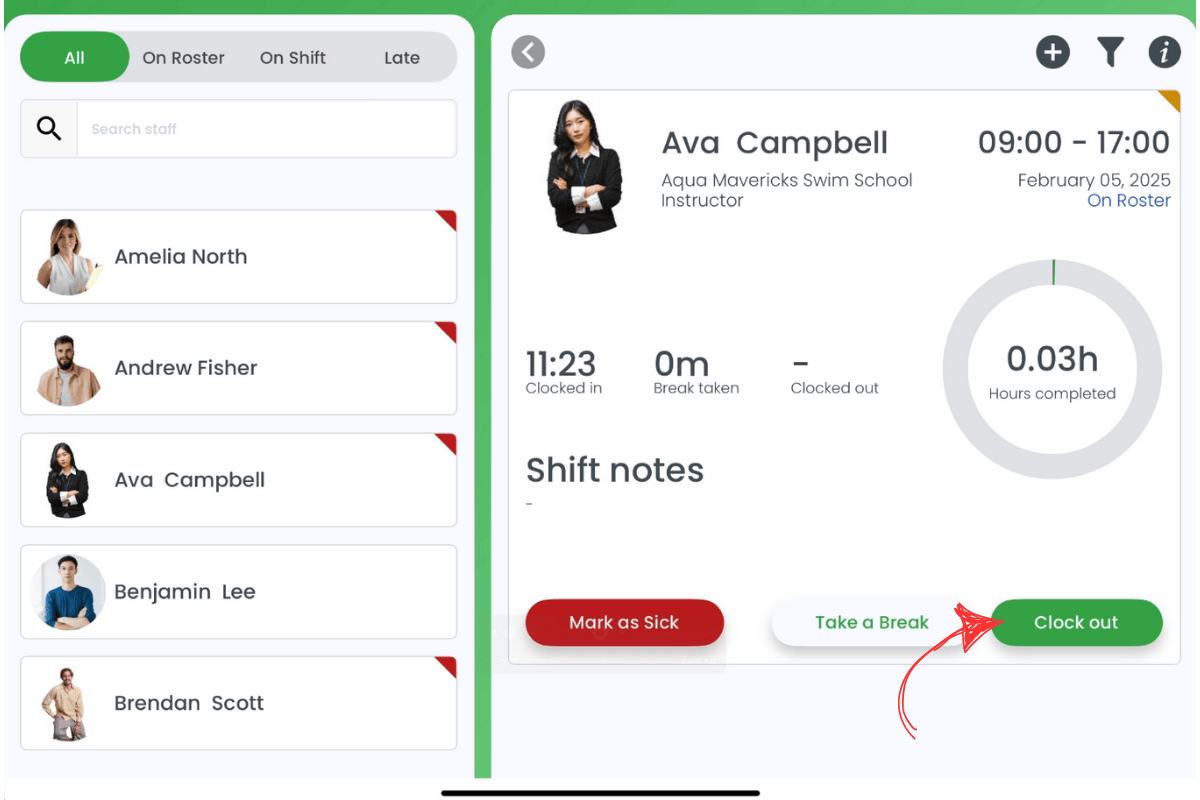 Shift info block for clocking out in RosterElf Time Clock