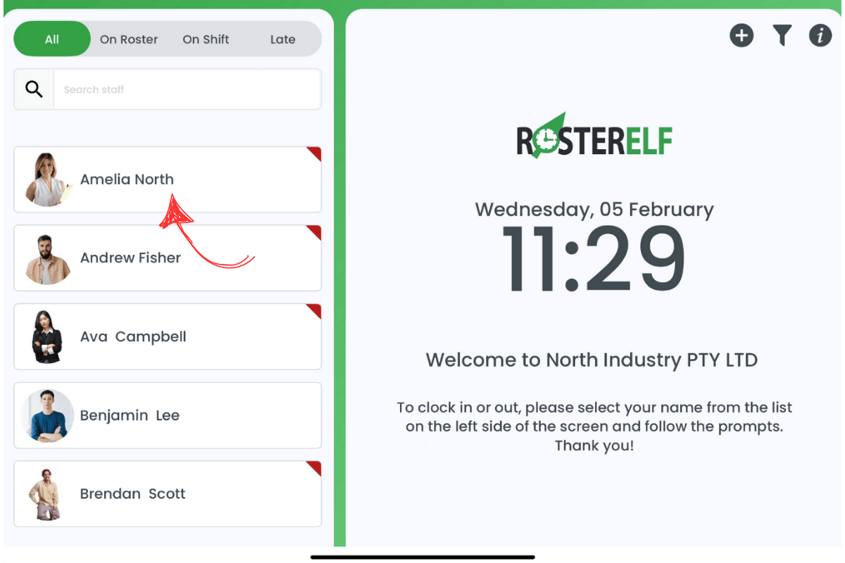RosterElf Time Clock main view with list of staff on the left