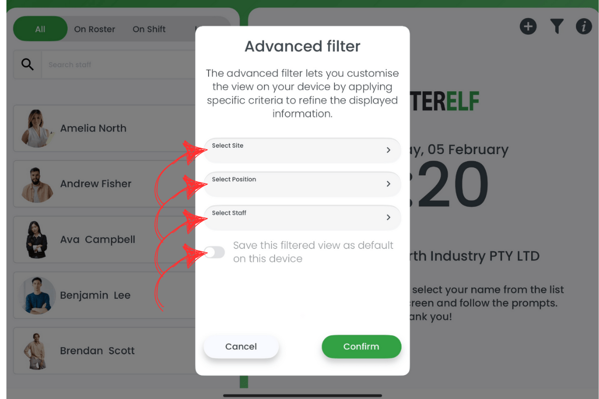 Screenshot showing the RosterElf Time Clock advanced filter settings