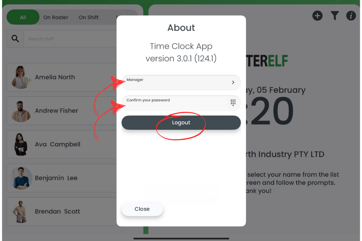 Logout password screen on RosterElf Time Clock