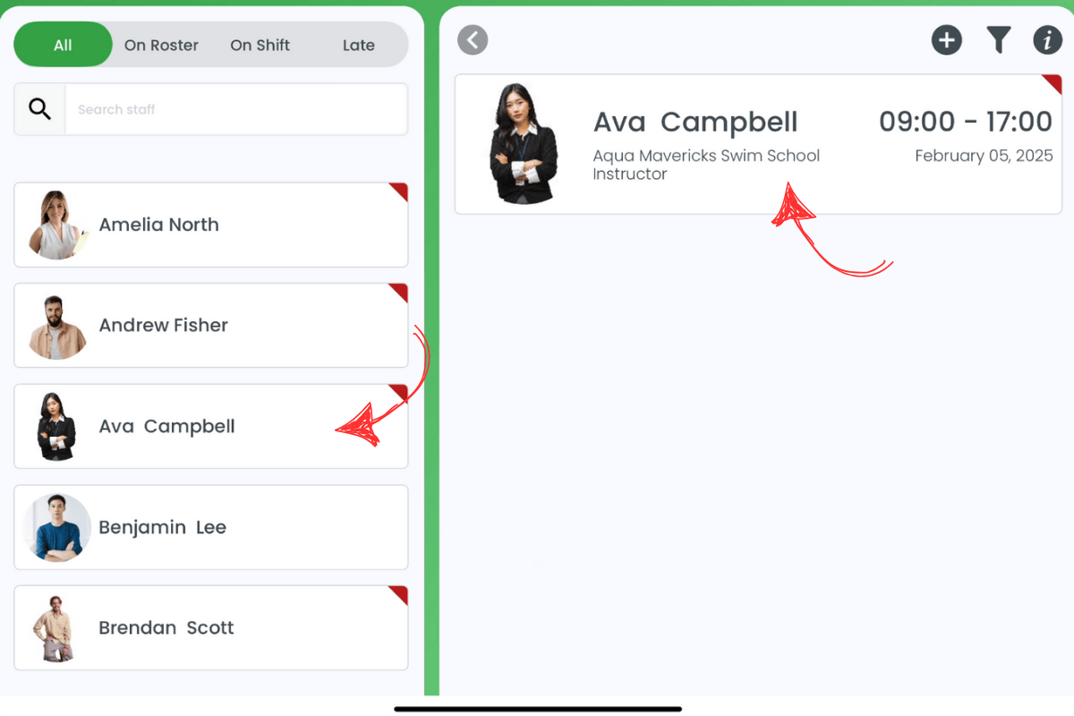 RosterElf Time Clock shift info block for clocking in