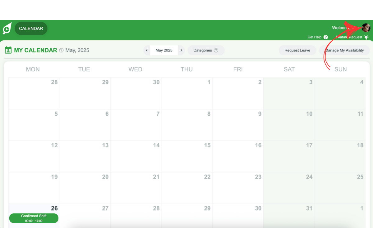 RosterElf dashboard showing top-right profile picture menu for Time Clock PIN setup