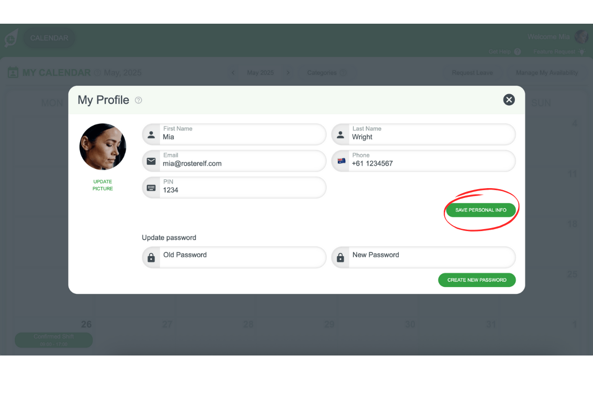 Save Personal Info button in RosterElf highlighted to confirm new Time Clock PIN
