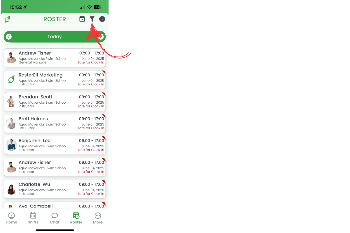 Filter icon circled on roster header