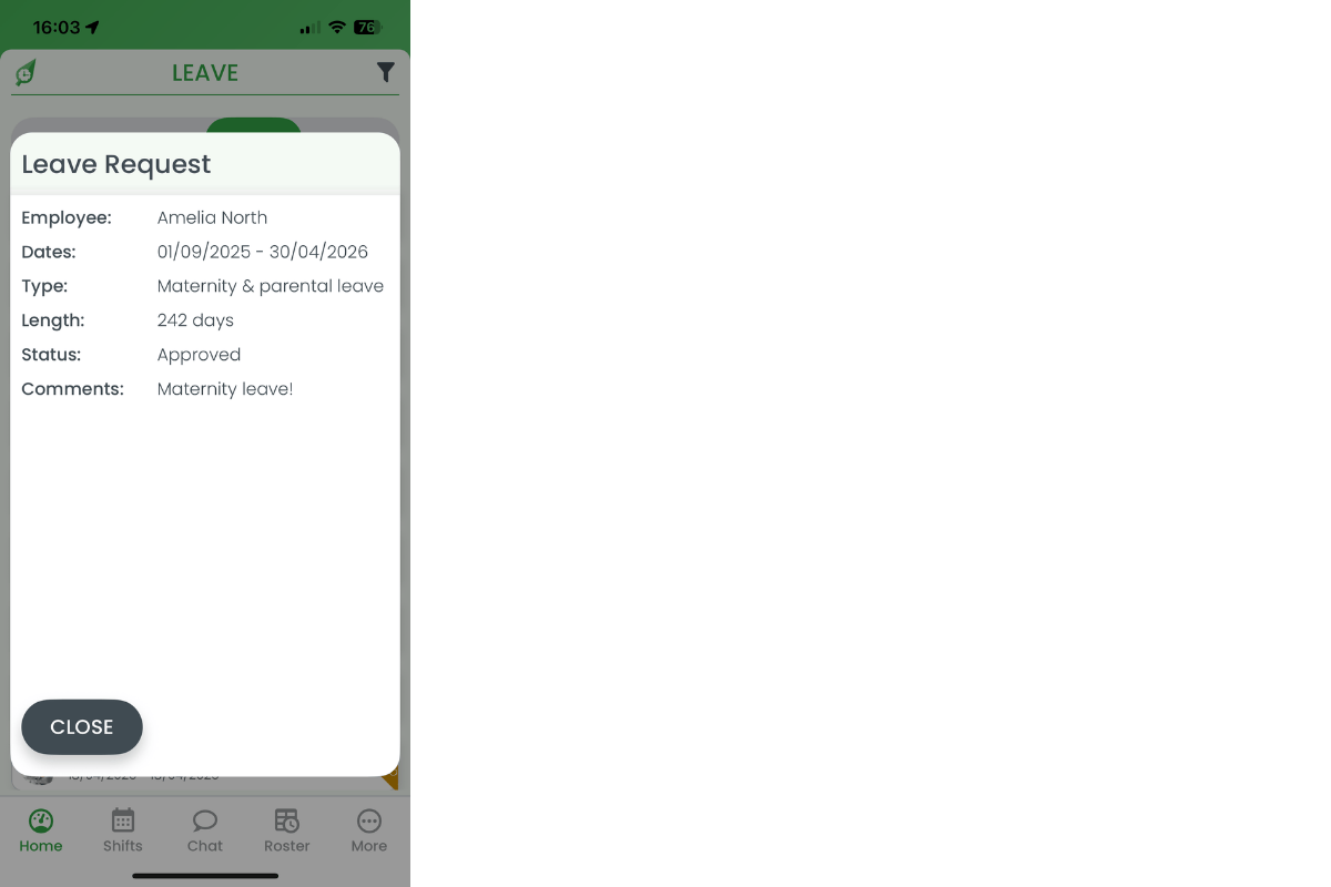 Archived Leave Request modal with approval status