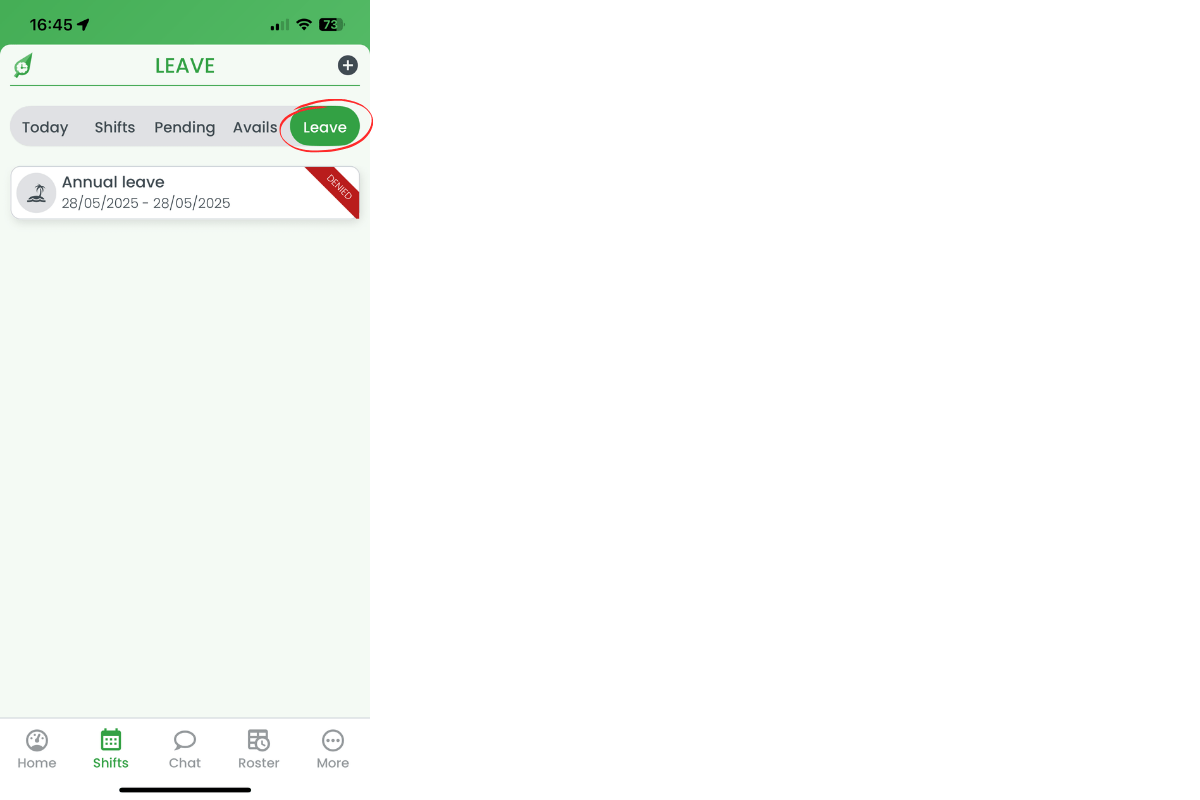 Leave tab highlighted on Shifts screen