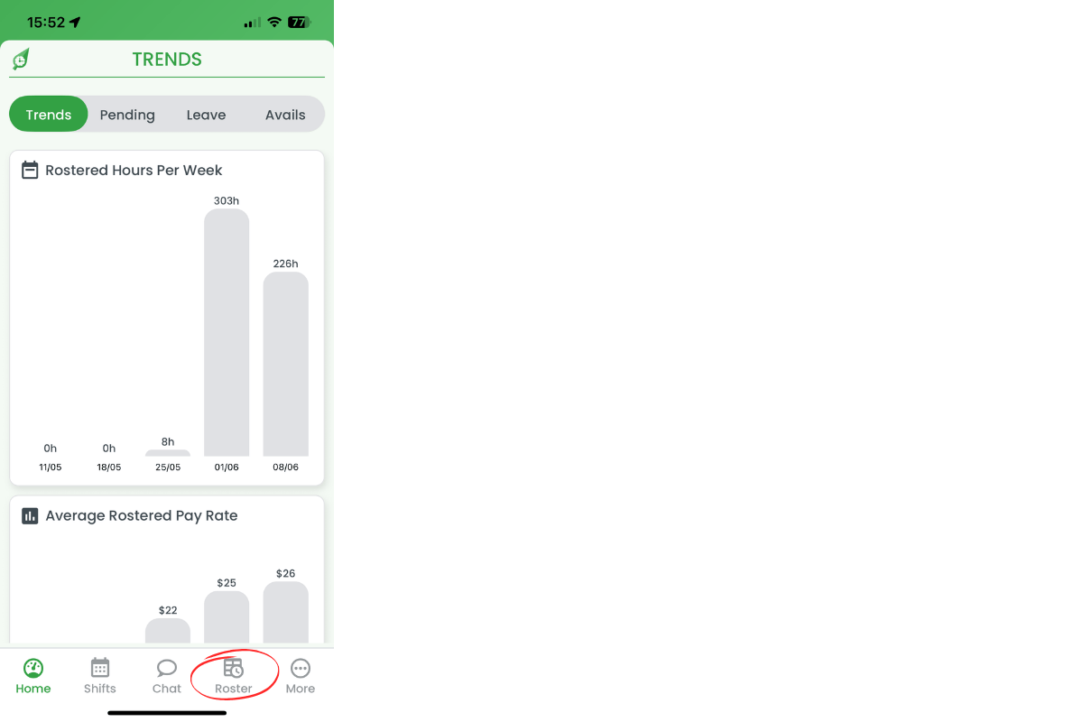 Roster tab highlighted in bottom navigation bar