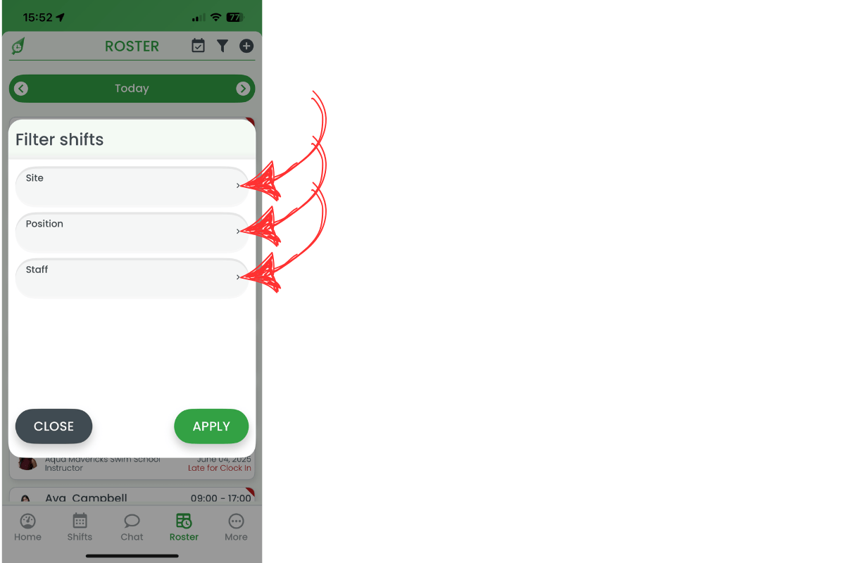 Filter panel showing Site, Position and Staff selectors