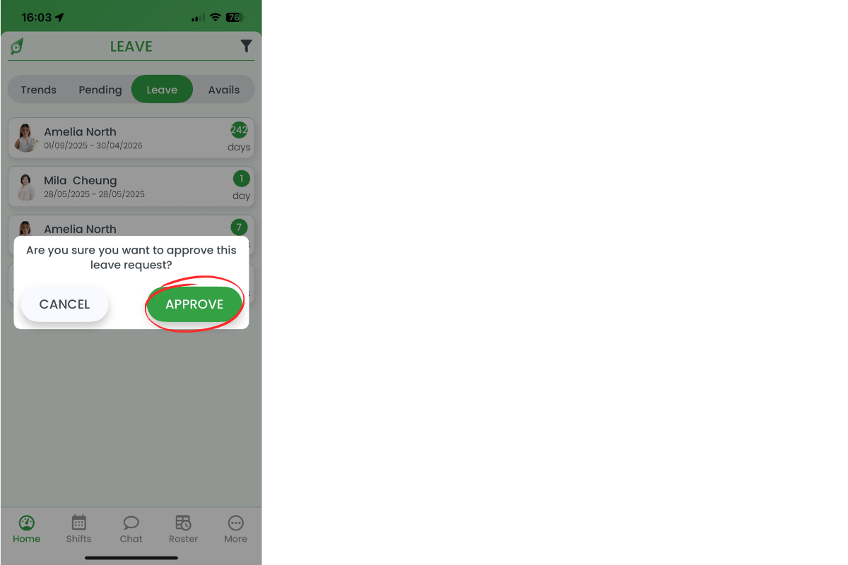 Approval confirmation pop-up with Approve button circled