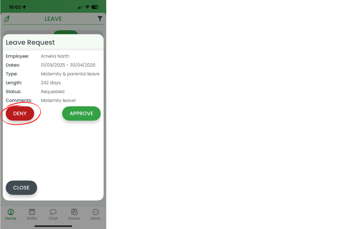 Deny button highlighted in leave request modal